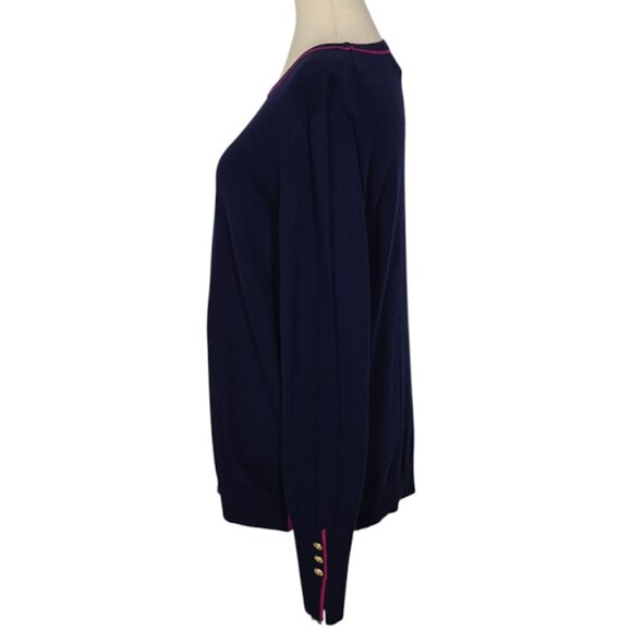 COURT & ROWE Navy Pink Trim Sweater Gold Button Cuffs crew neck Size Large NWT - Picture 3 of 9